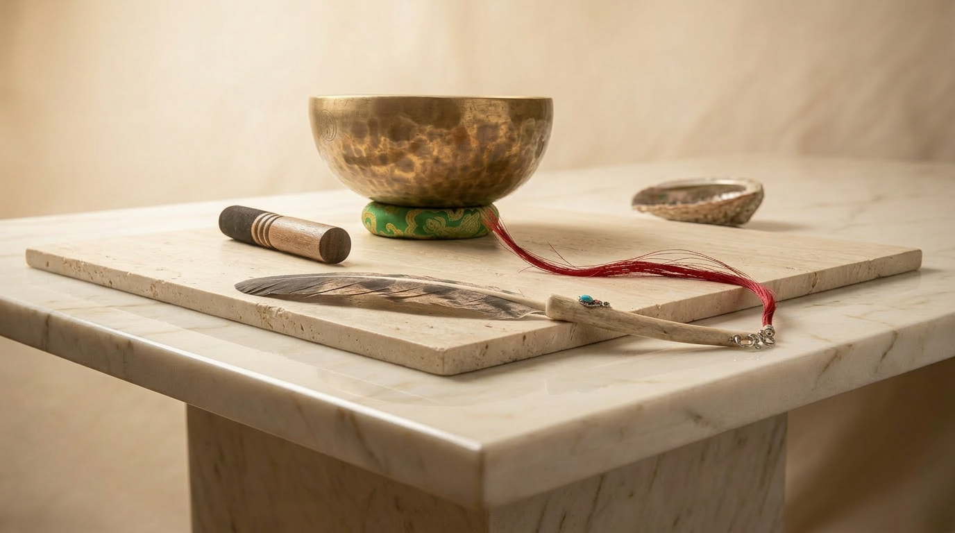 Bronze singing bowl, feather, and mallet on warm stone