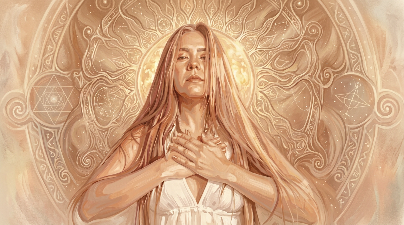 Celeste, hands at heart, framed by a soft sacred-geometry mandala